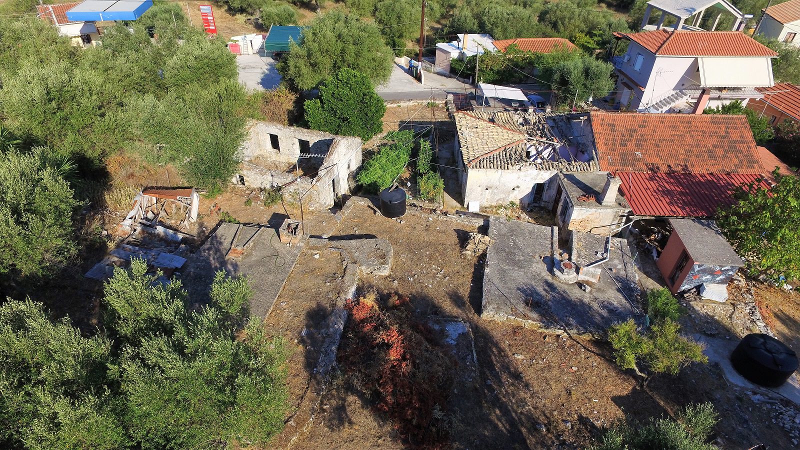 Aerial view of house and ruins for sale in Ithaca Greece