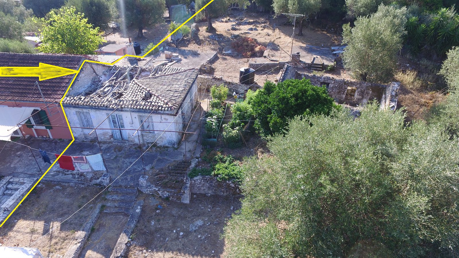 Aerial view of house and ruins for sale in Ithaca Greece