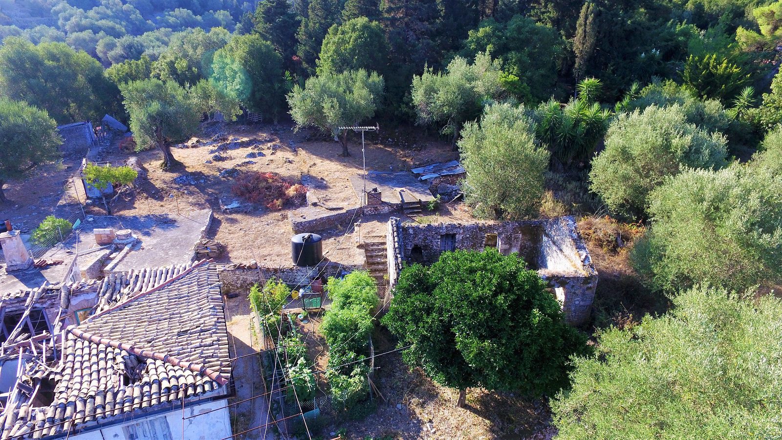 Aerial view of house and ruins for sale in Ithaca Greece