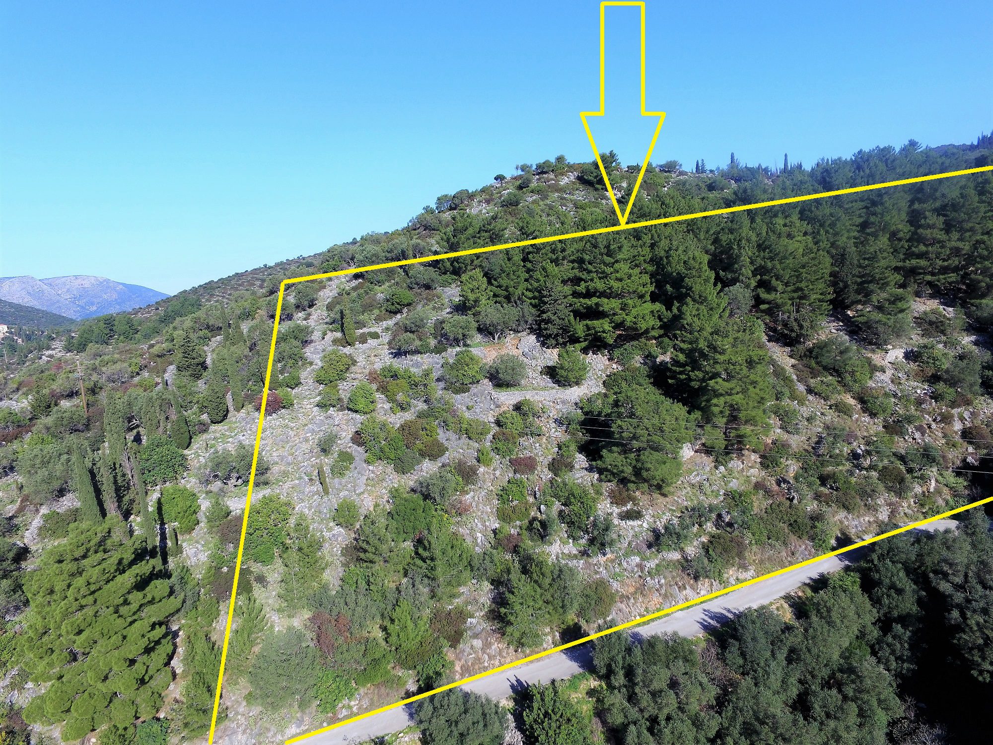 Aerial view with border of land for sale in Ithaca Greece Vathi