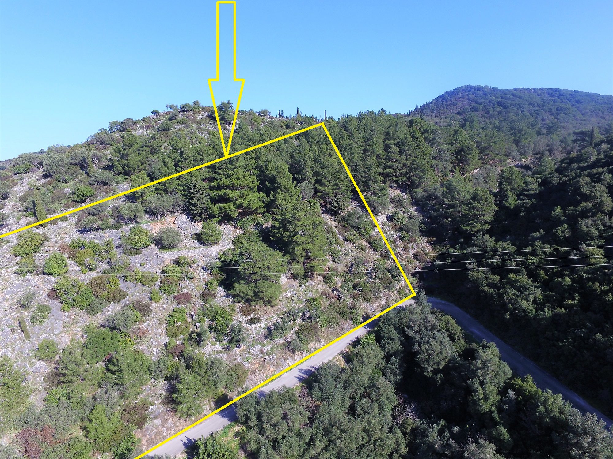 Aerial view with border of land for sale in Ithaca Greece Vathi