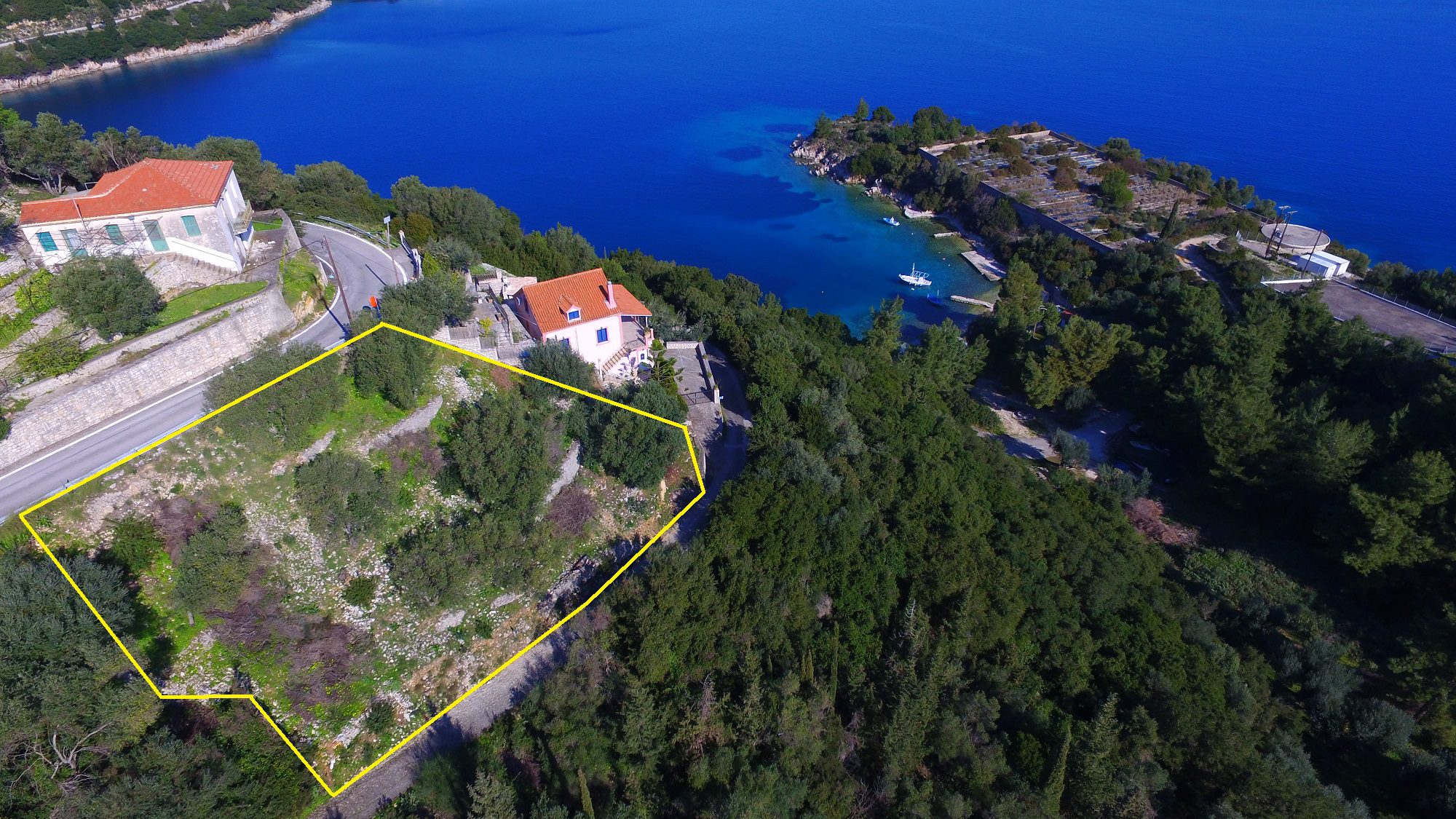 Aerial view and border of land for sale in Ithaca Greece, Kioni