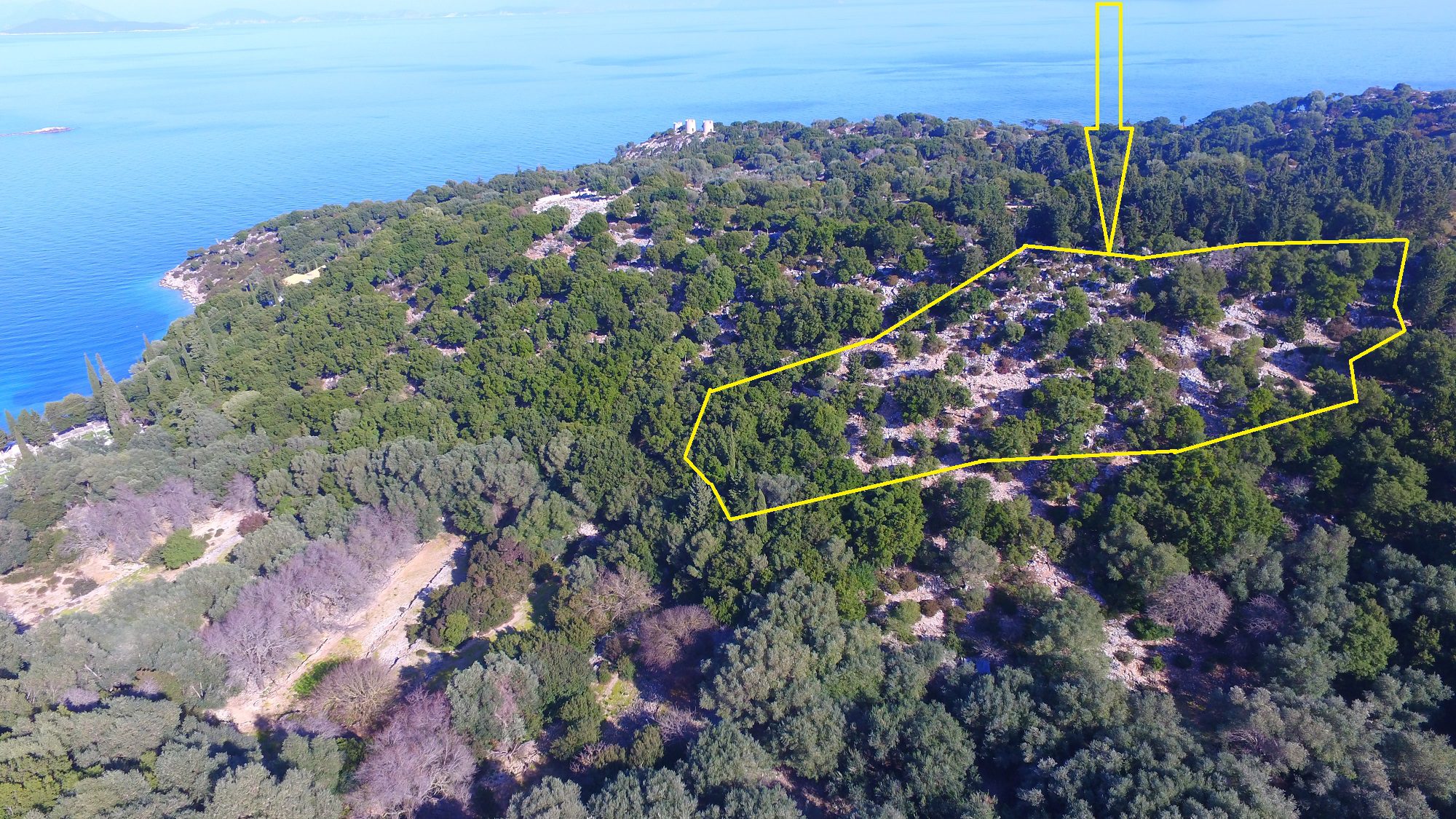 Aerial view with outlined border of land for sale in Ithaca Greece, Kioni