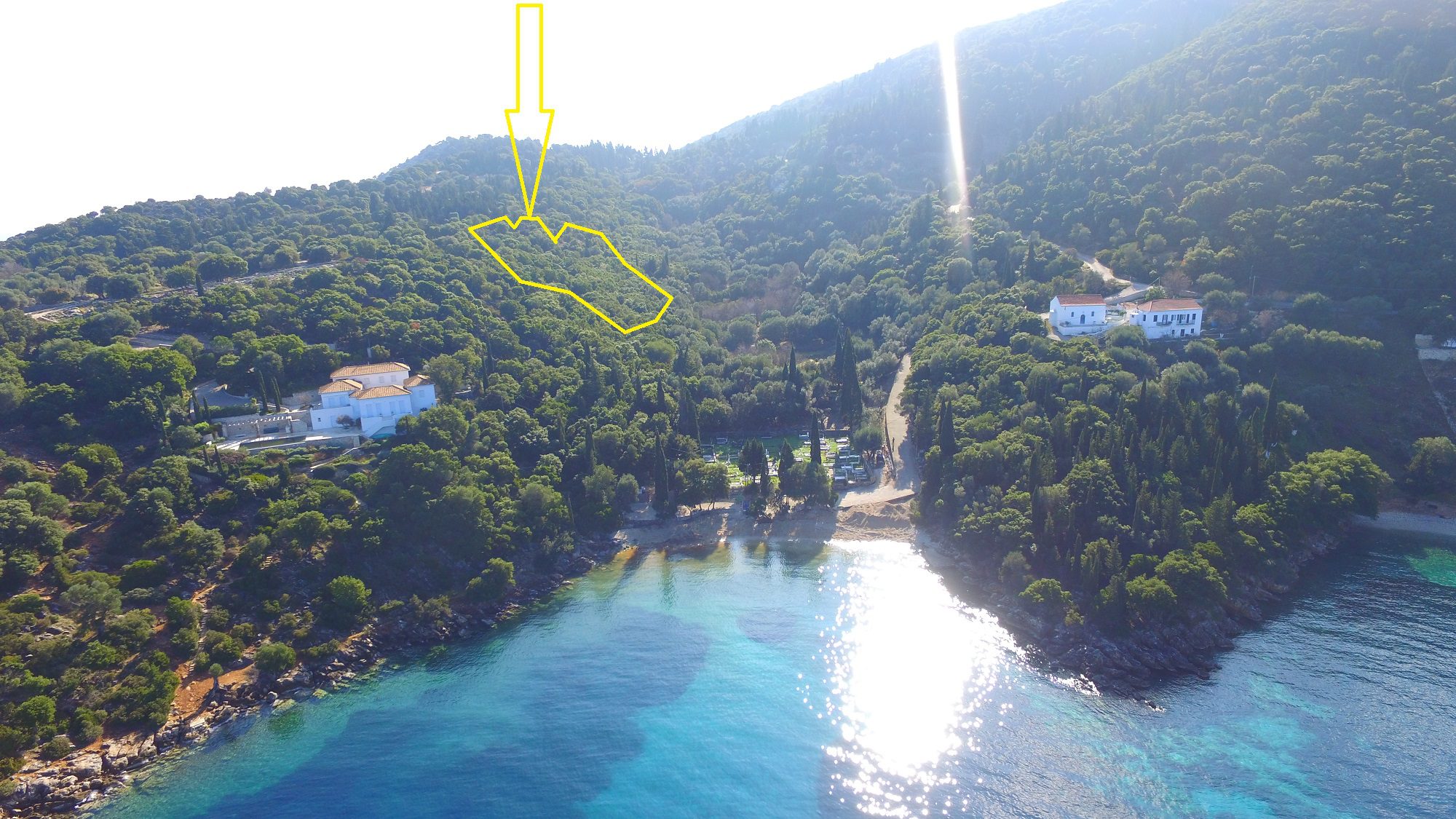 Aerial view with outlined border of land for sale in Ithaca Greece, Kioni