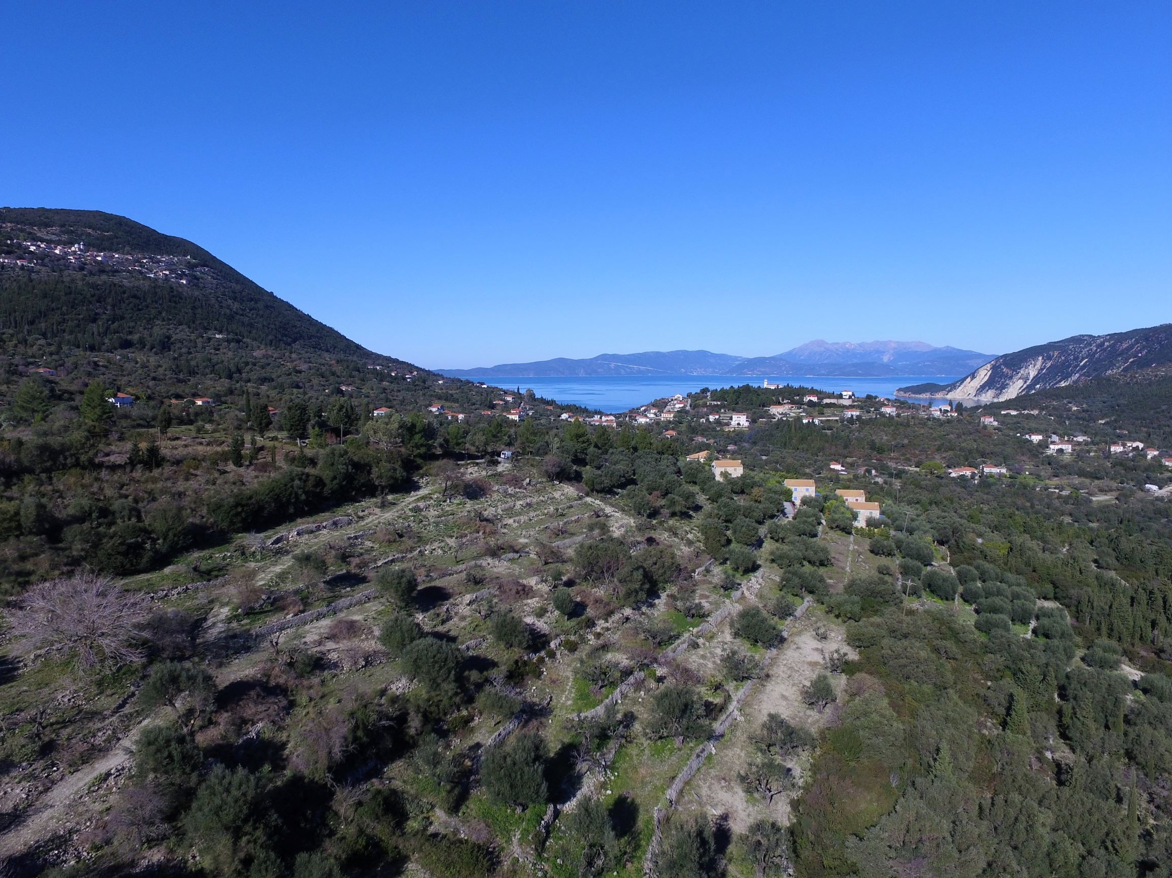 Aerial view of terrain of land for sale Ithaca Greece, Pilikata