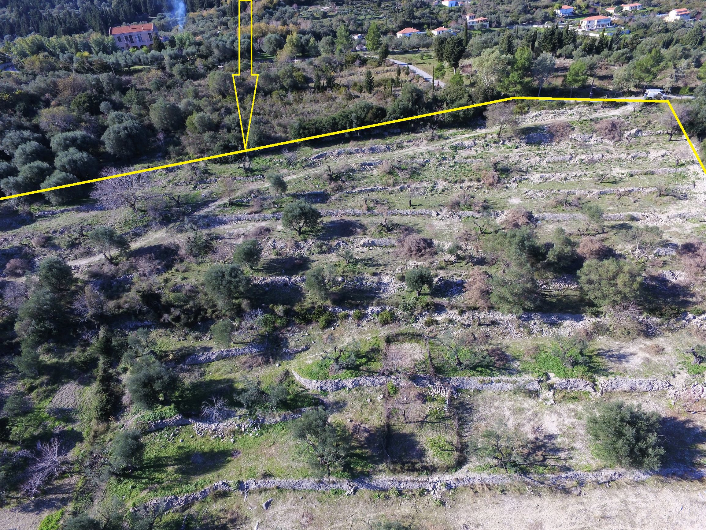 Aerial view of terrain of land for sale Ithaca Greece, Pilikata
