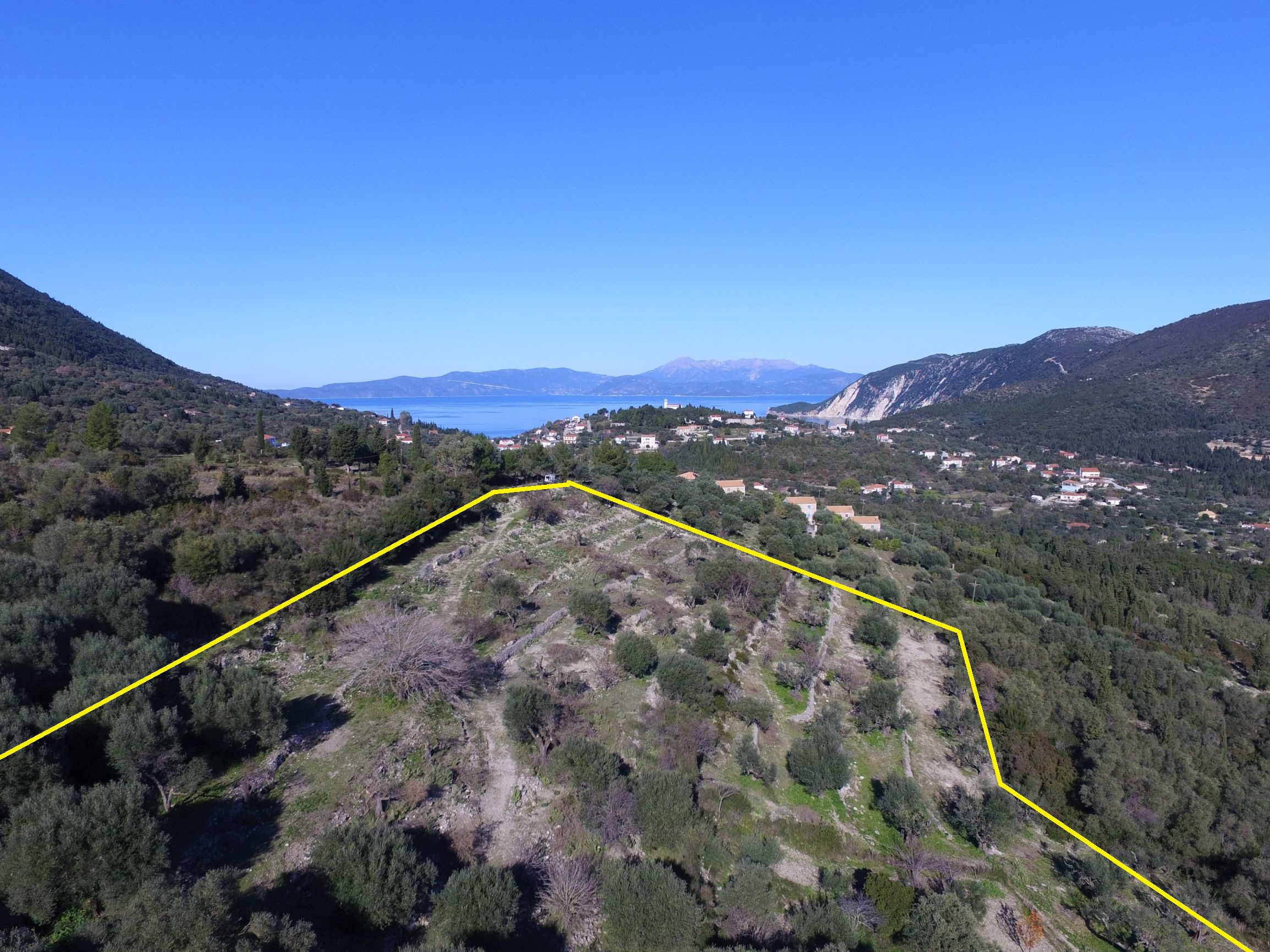 Aerial view of terrain of land for sale Ithaca Greece, Pilikata