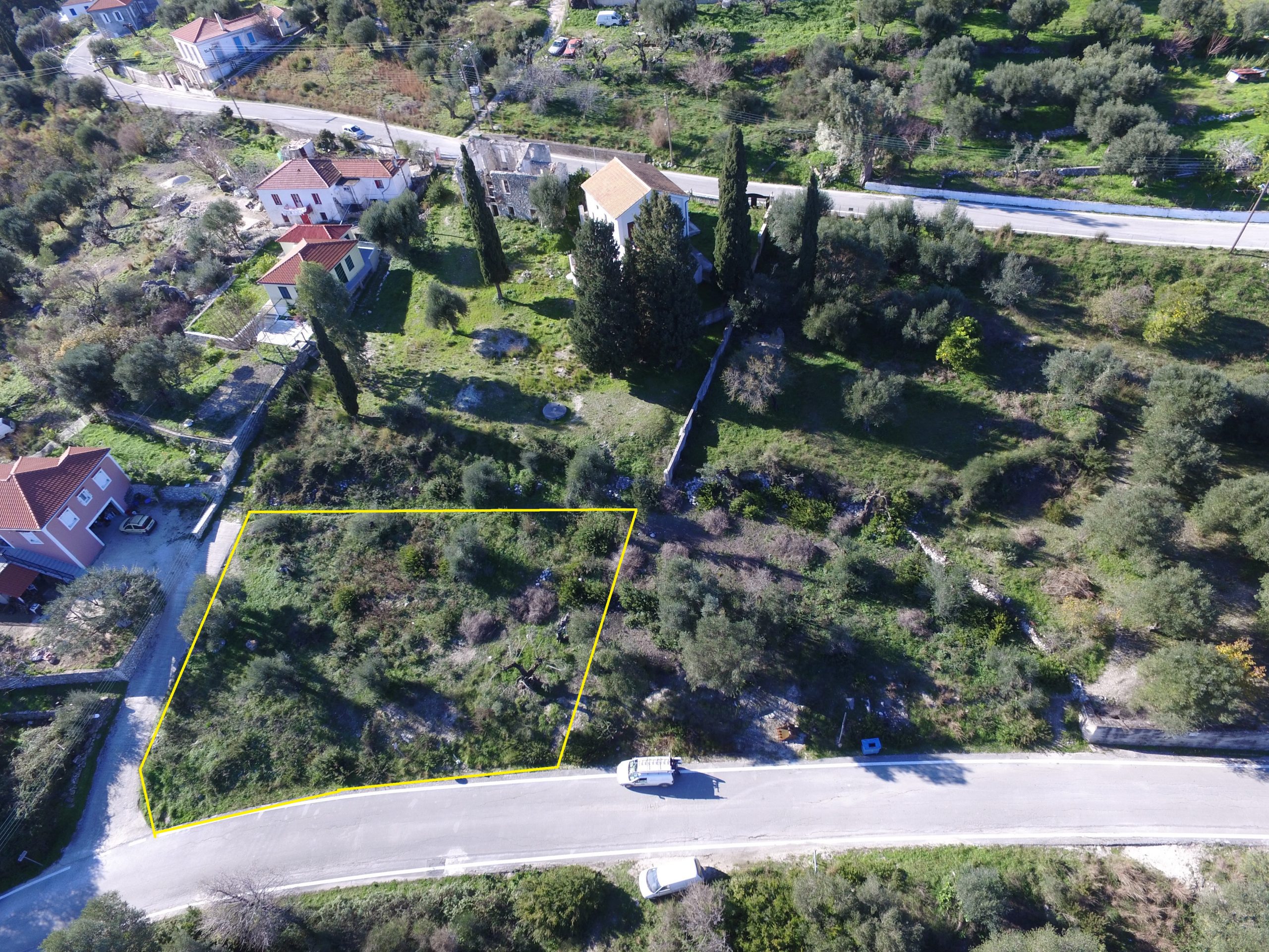 Aerial view of terrain of land for sale Ithaca Greece, Ag. Saranda