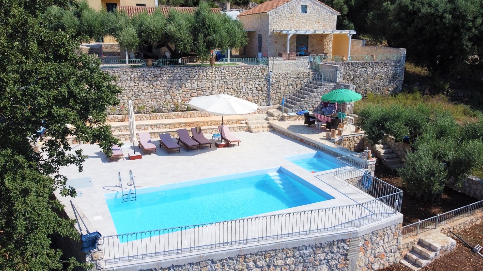 Drone pics of villa with swimming pool for rent on Ithaca Greece, Stavros