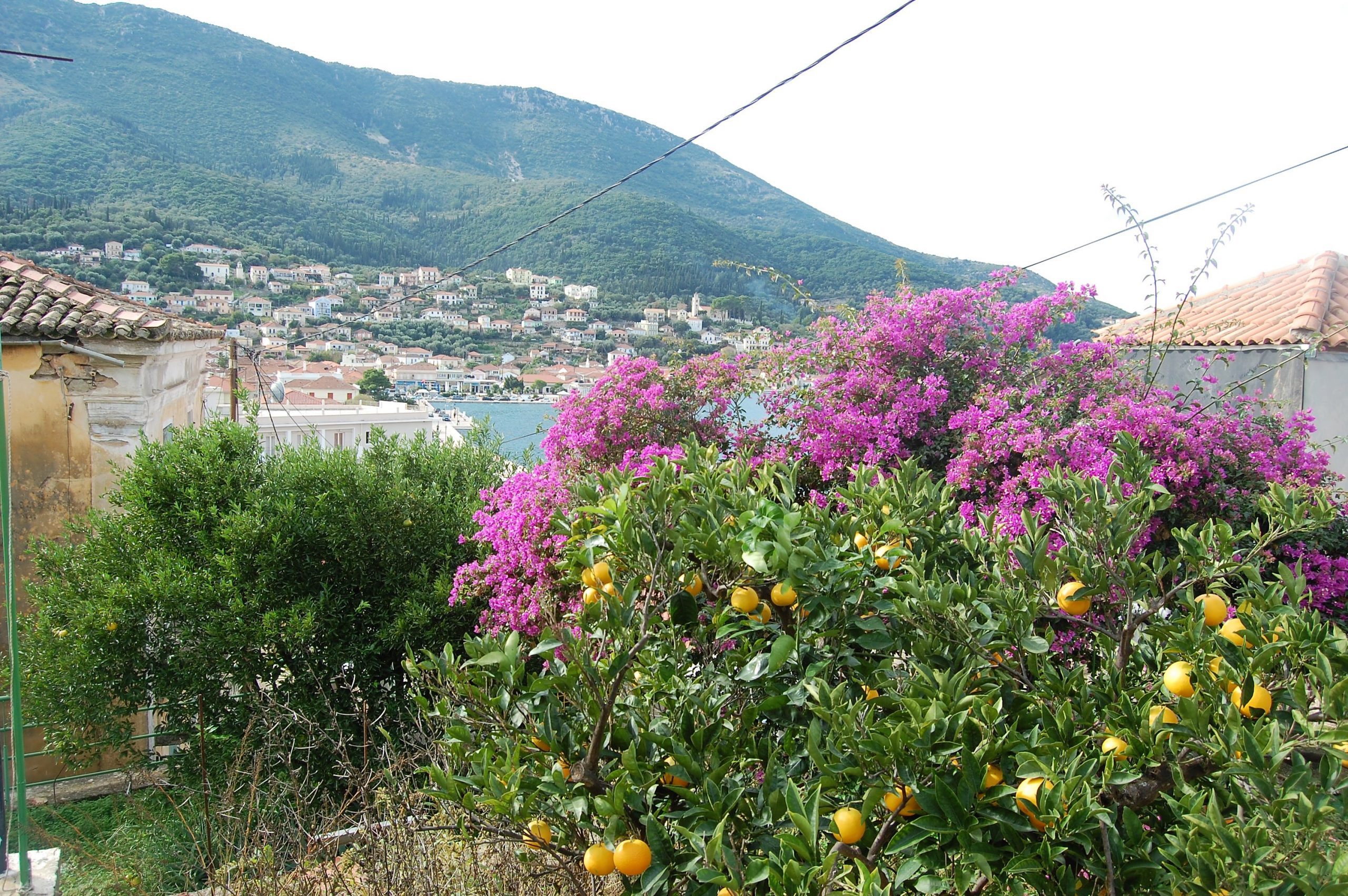 Outside terrace and bay view of house for sale in Ithaca Greece, Vathi
