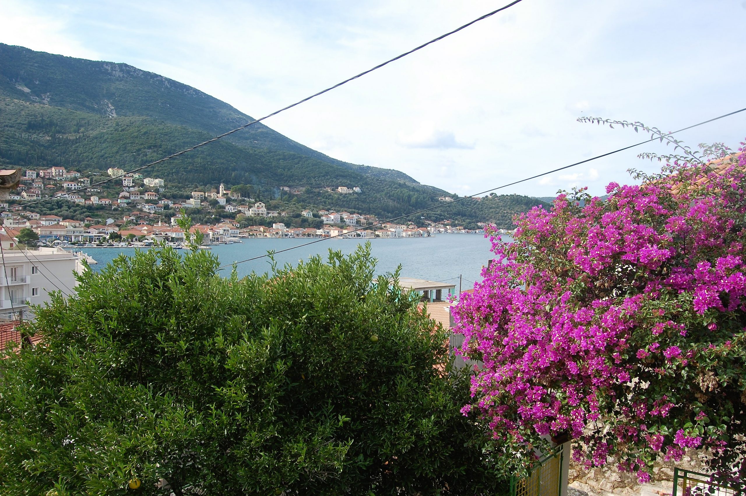 Outside terrace and bay view of house for sale in Ithaca Greece, Vathi