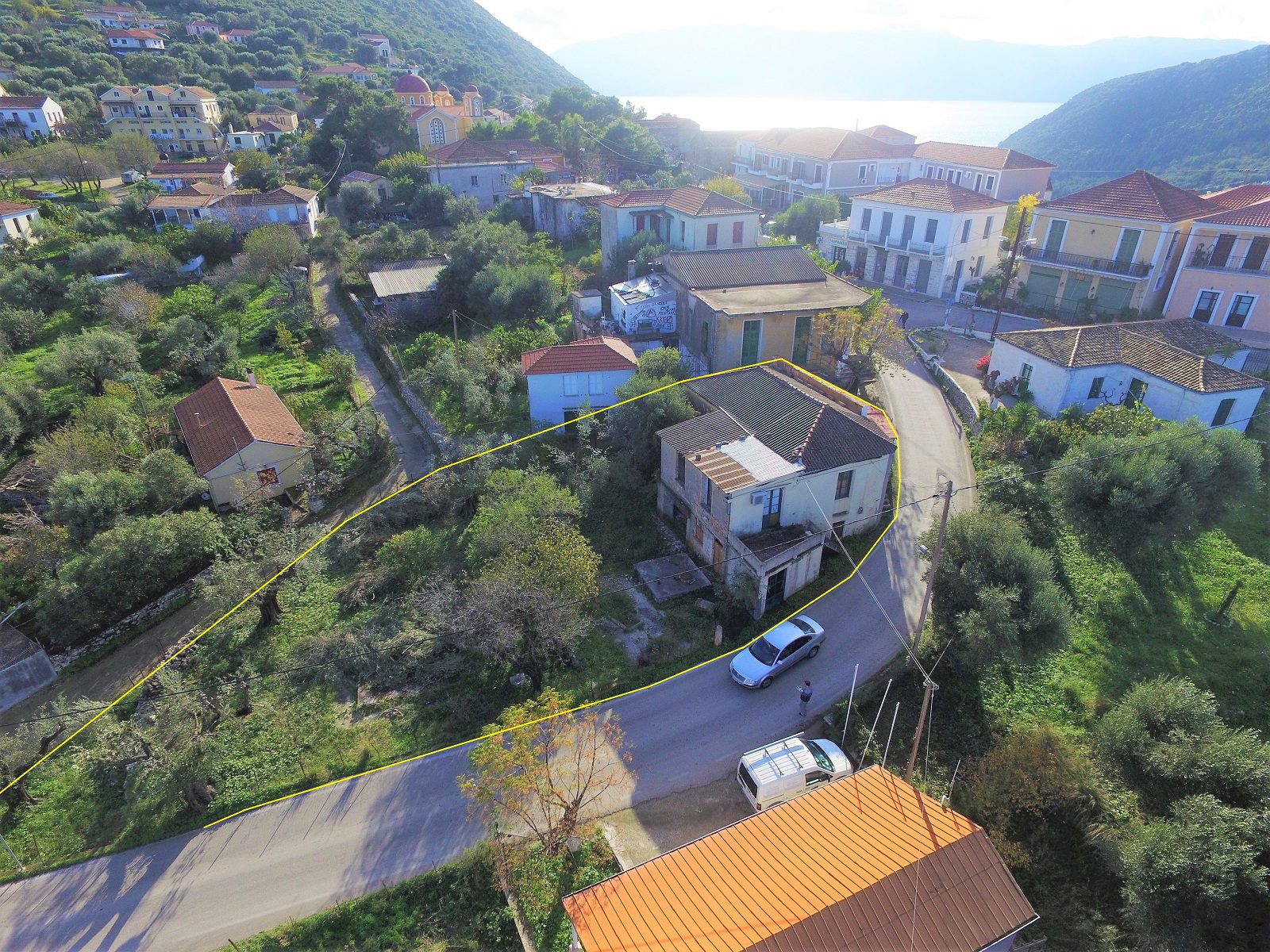 Aerial view and border of building for sale in Ithaca Greece, Stavros
