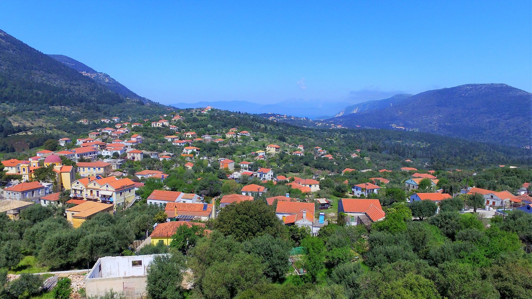 Aerial with border view of land for sale Ithaca Greece Stavros