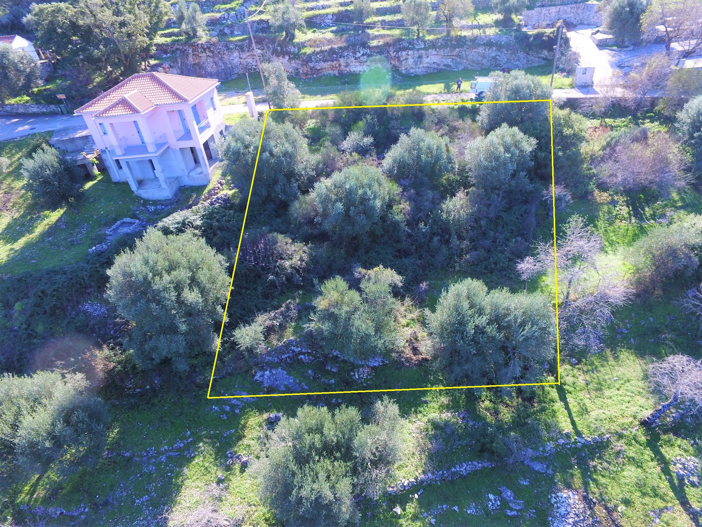 Aerial with border view of land for sale Ithaca Greece Stavros