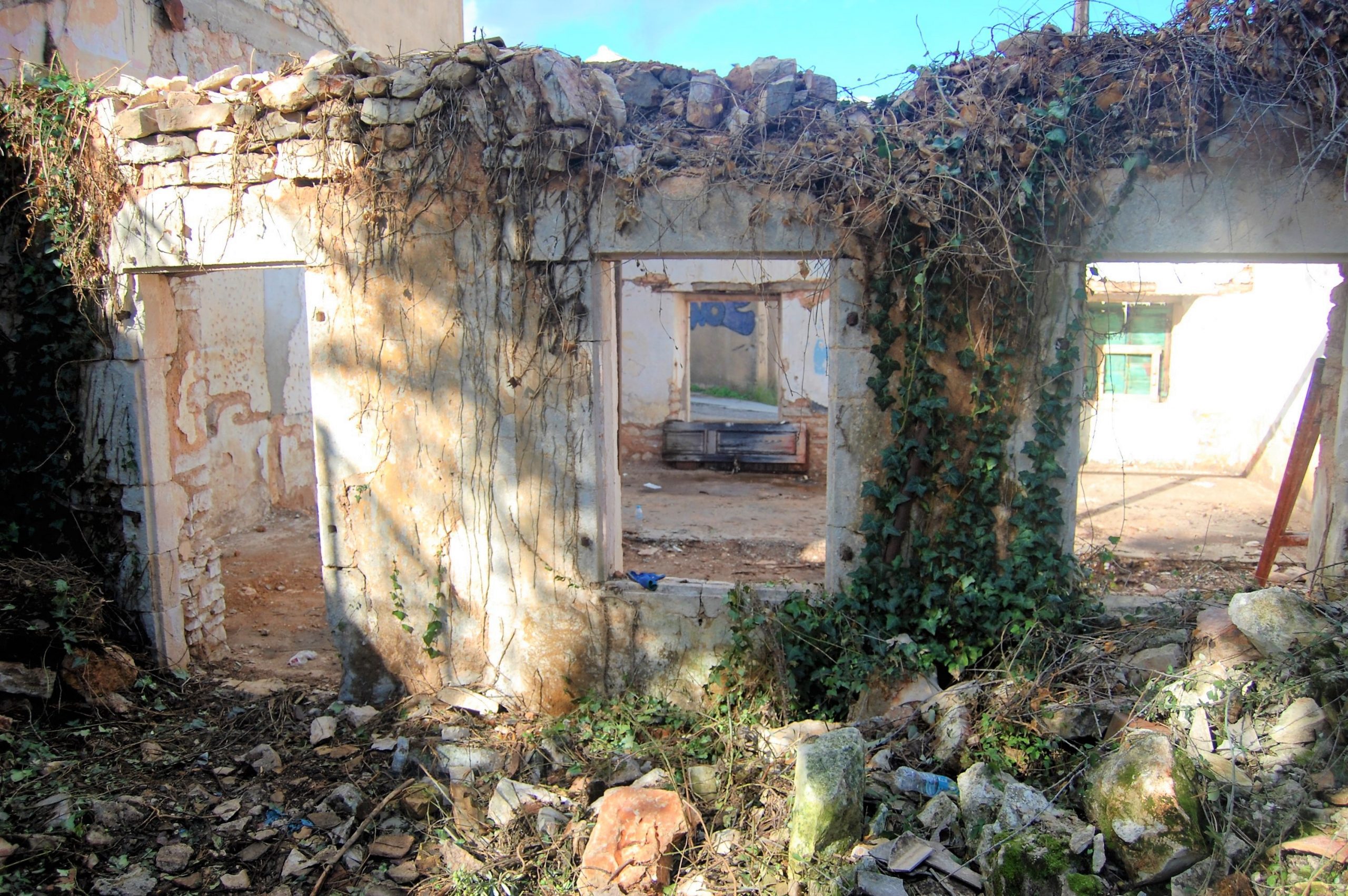 Exterior facade of ruin for sale in Ithaca Greece, Vathi
