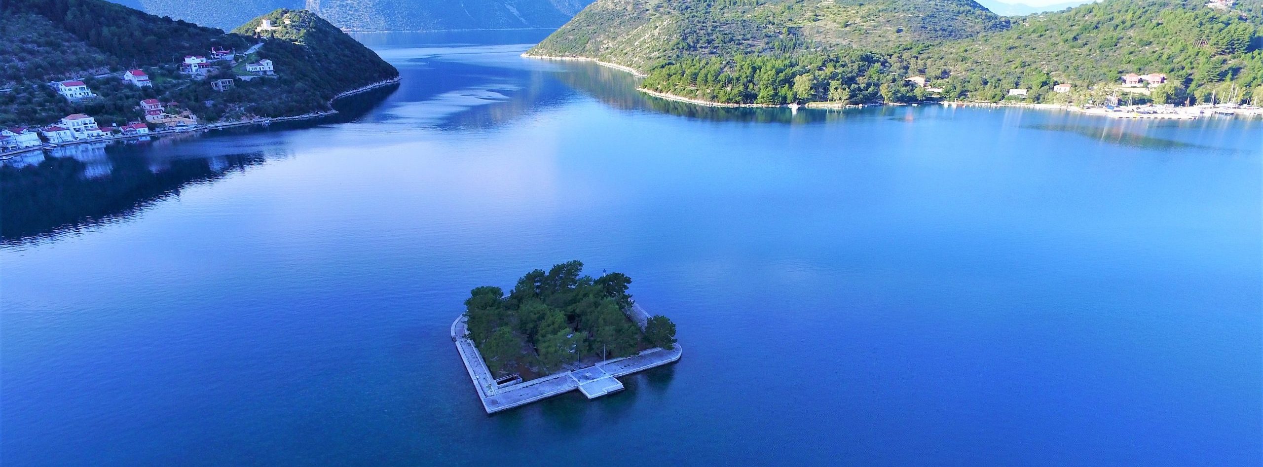 Aerial view of Lazareto in Vathi Ithaca Greece