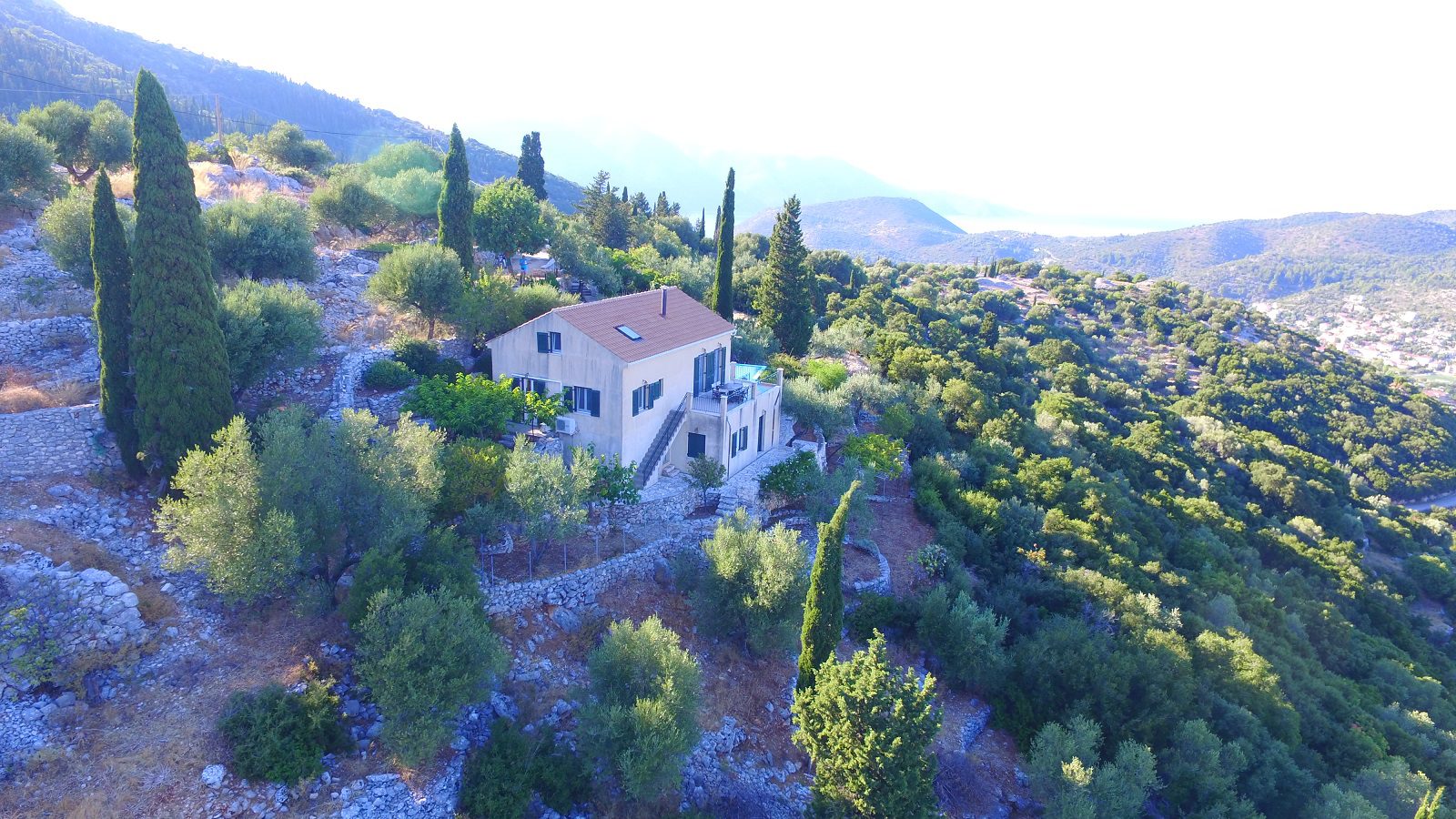 Aerial view of house with pool for sale in Ithaca Greece, Perachori