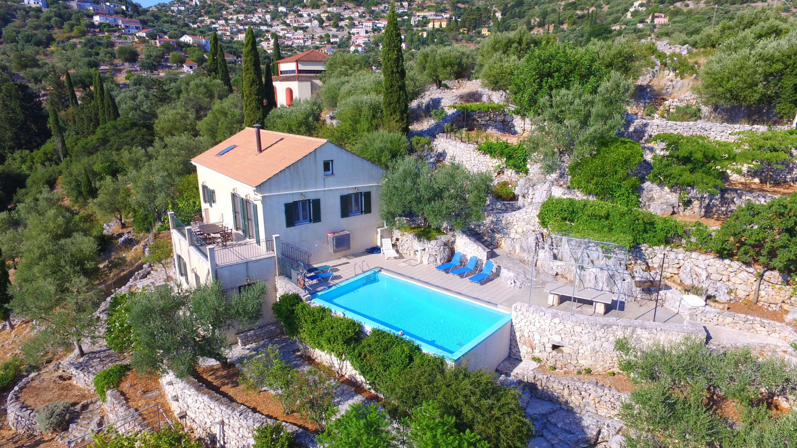 Aerial view of house with pool for sale in Ithaca Greece, Perachori