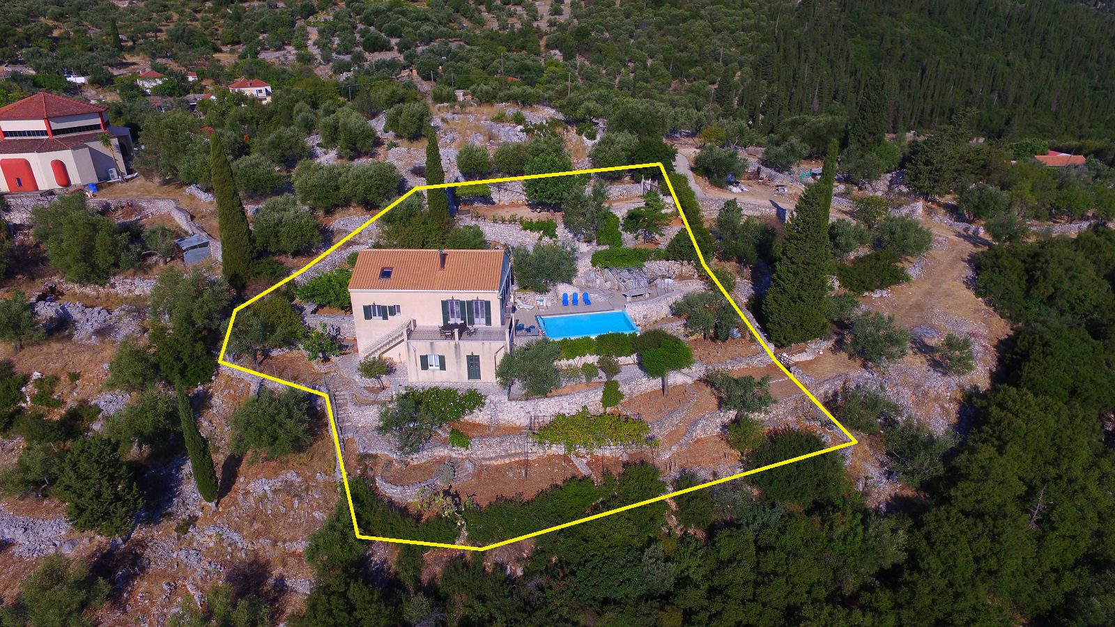 Aerial view with outlined border of house for sale in Ithaca Greece, Perachori