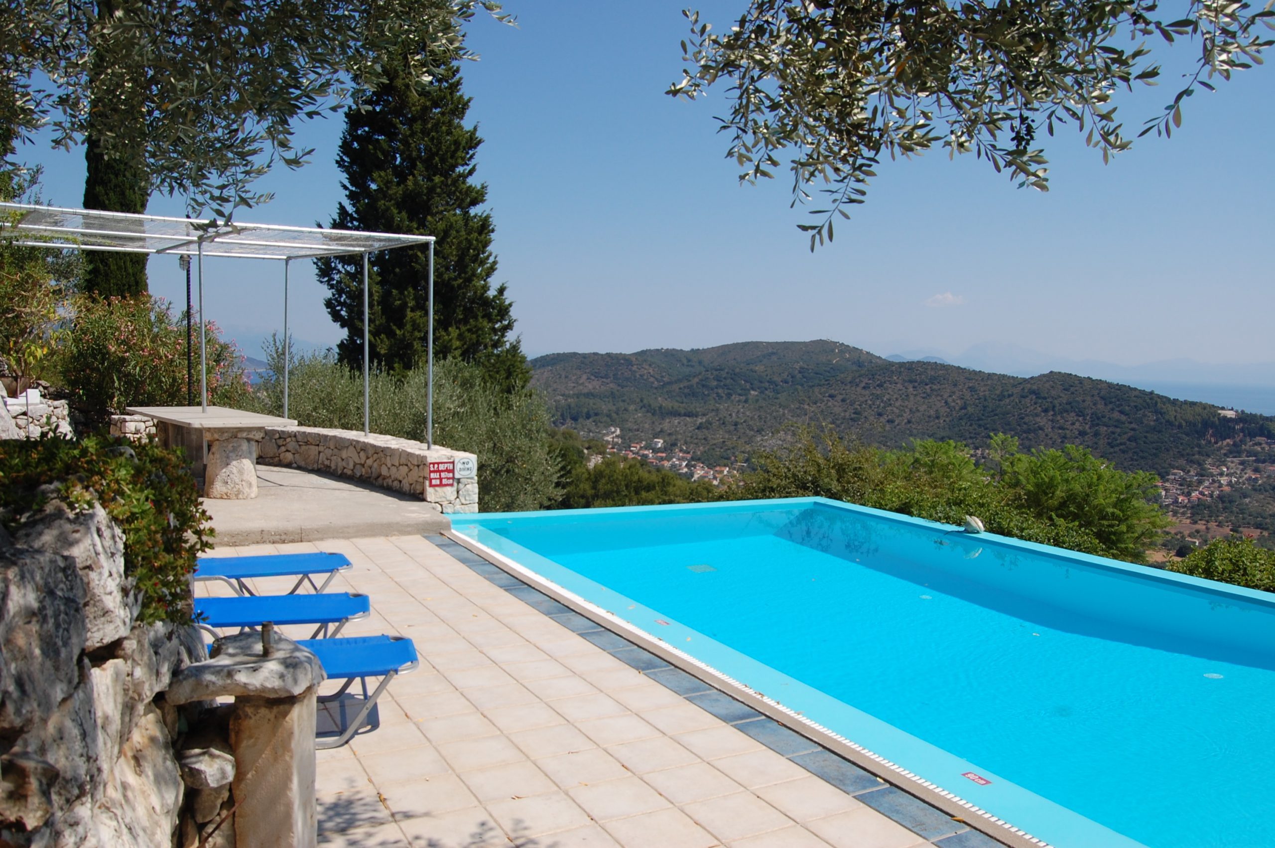 Swimming pool area and views of house for sale in Ithaca Greece, Perachori