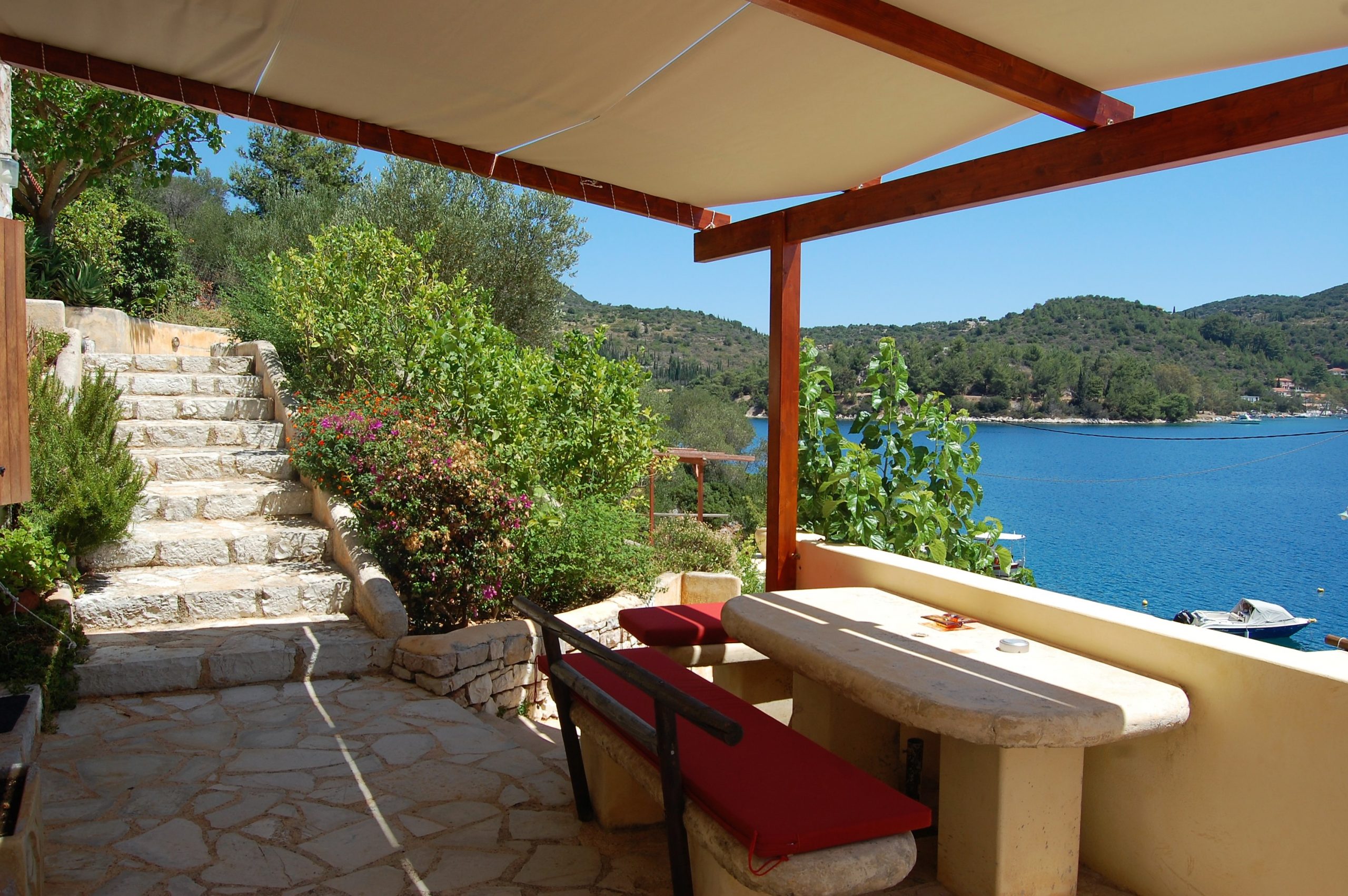 Stone terrace of a rental property in Ithaca Greece
