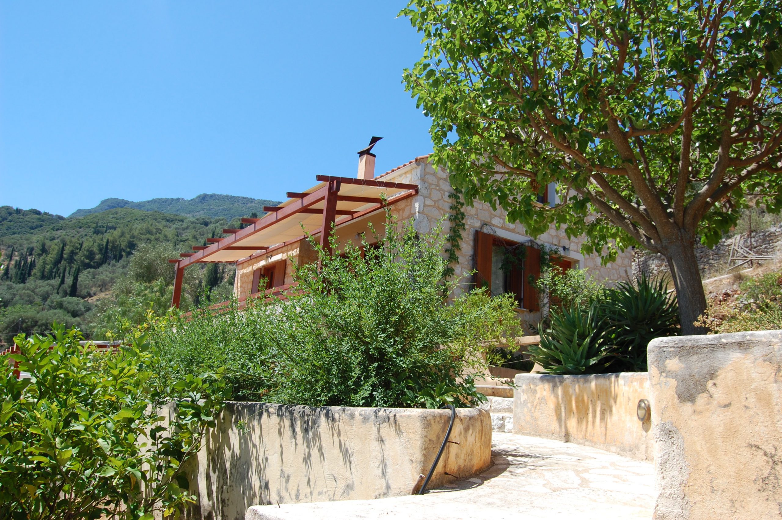 Stone terrace entrance of a rental property in Ithaca Greece