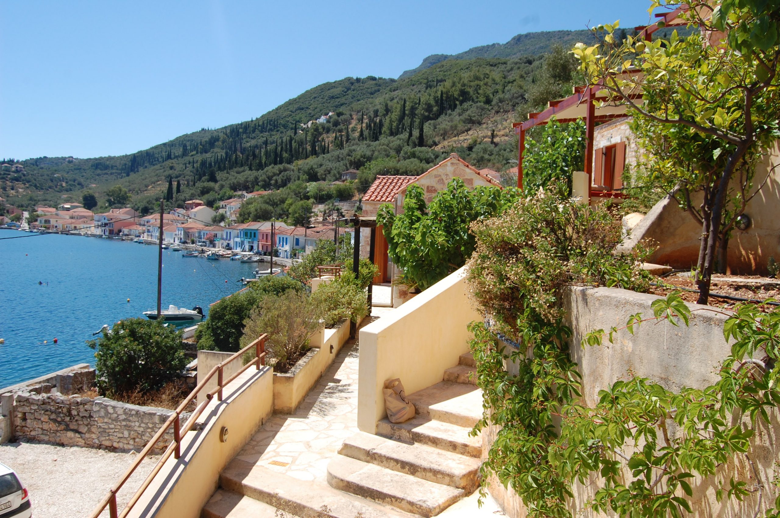 Stone terrace of a rental property in Ithaca Greece