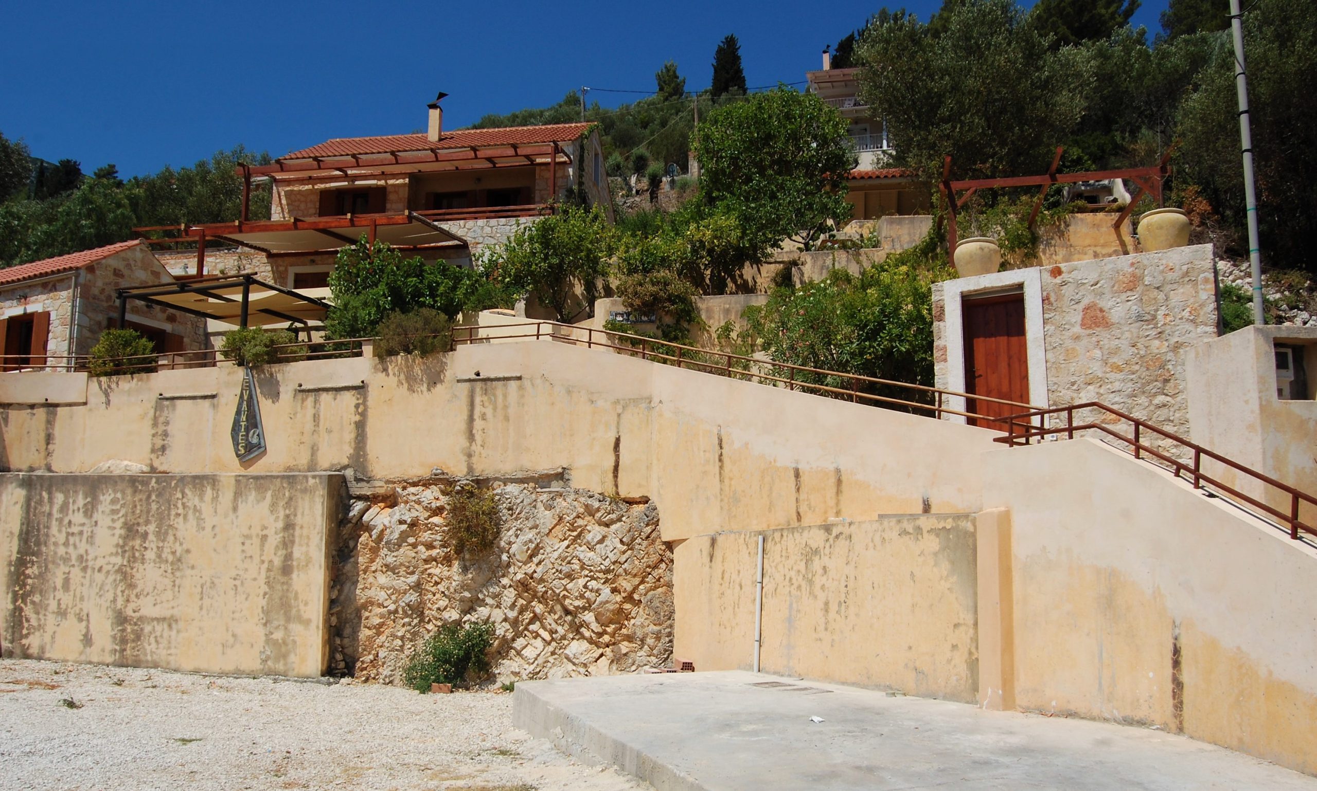 Stone terrace entrance of a rental property in Ithaca Greece