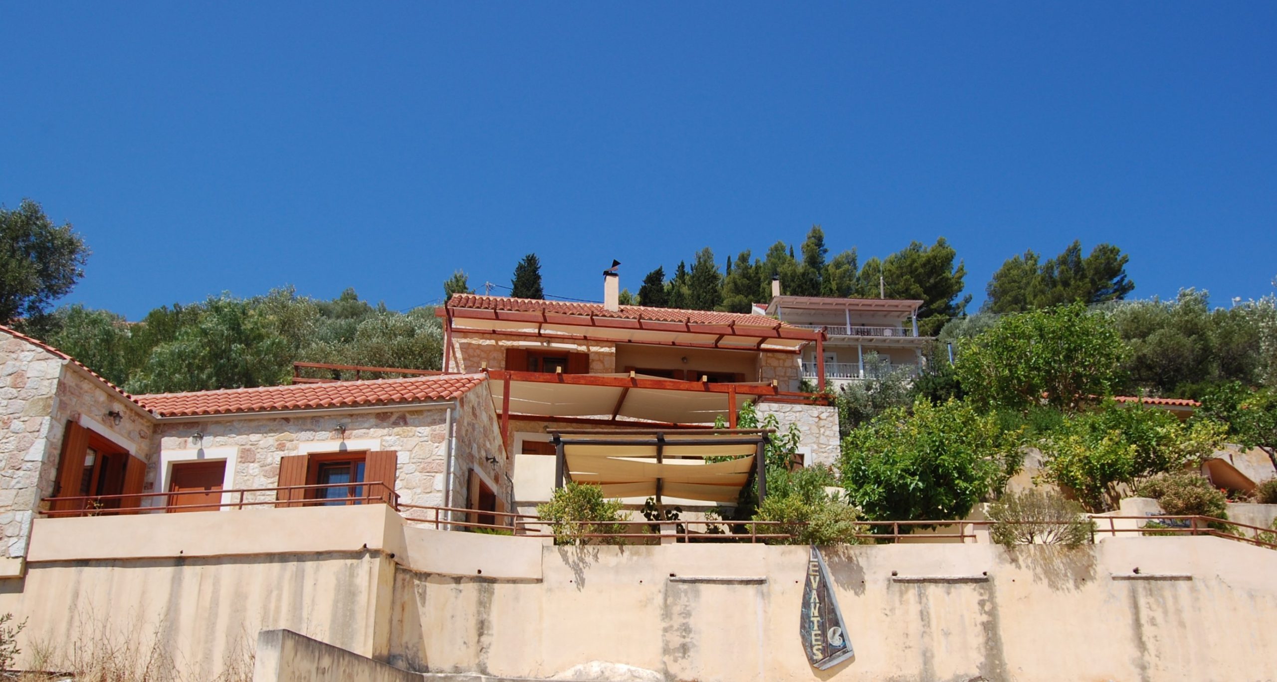 Stone terrace entrance of a rental property in Ithaca Greece