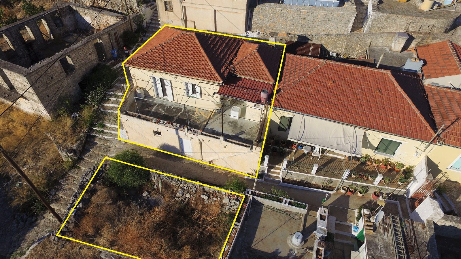 Aerial view and borders of house for sale on Ithaca Greece Vathi
