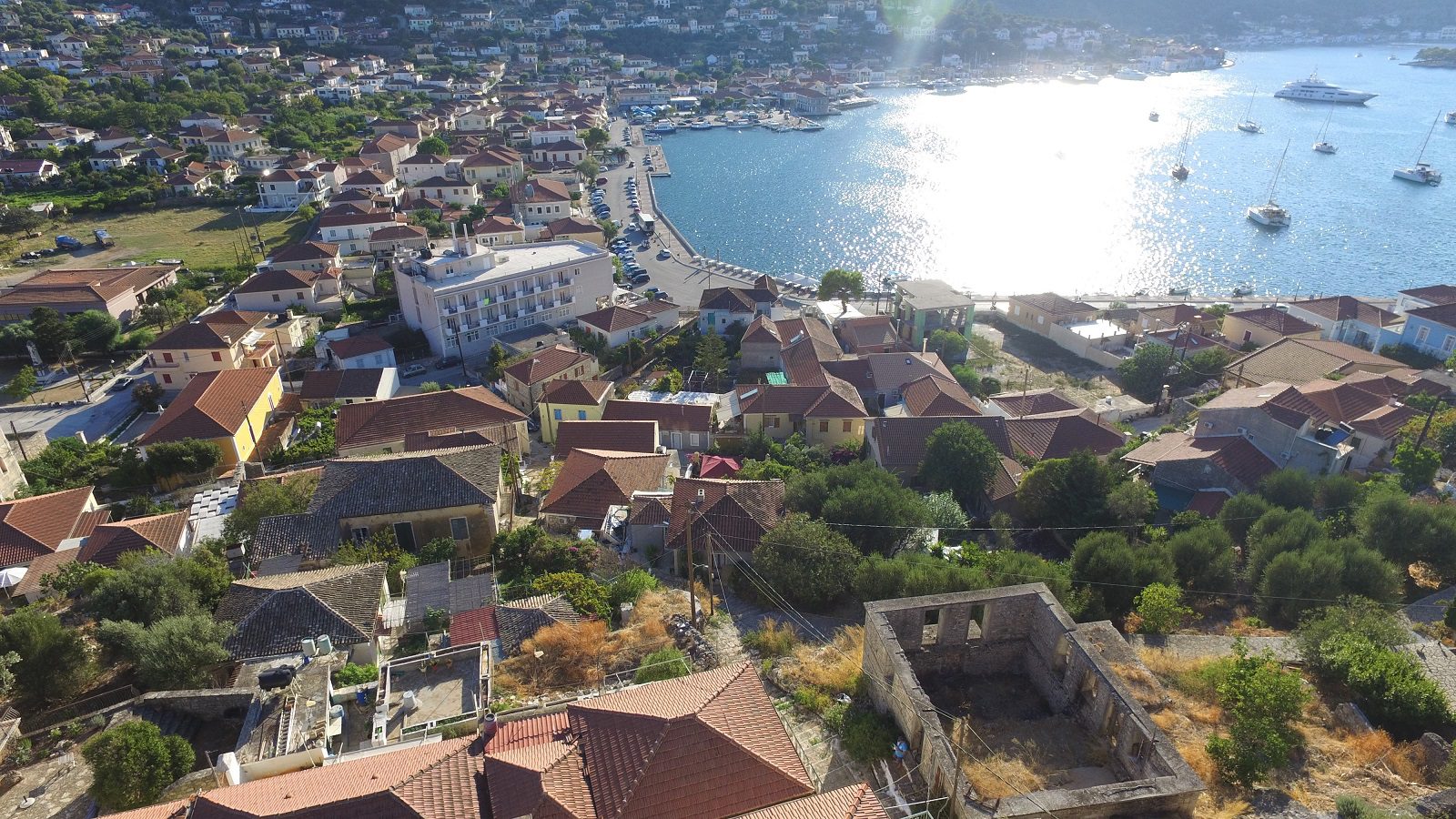 Aerial and harbour view from house for sale on Ithaca Greece Vathi