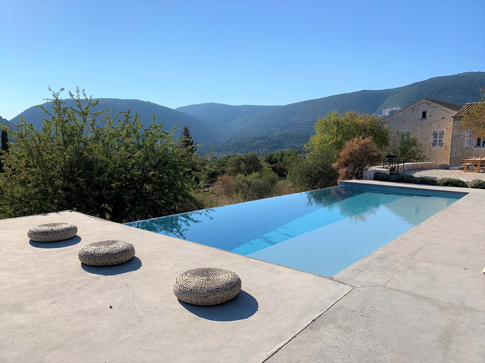 Salt water pool area at Villa Kalos for rent, Ithaca Greece Lahos