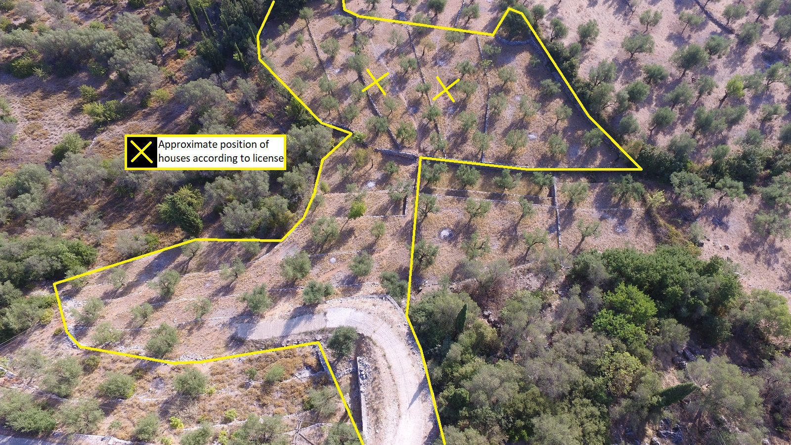 Aerial view with border of land for sale Ithaca Greece in Vathi