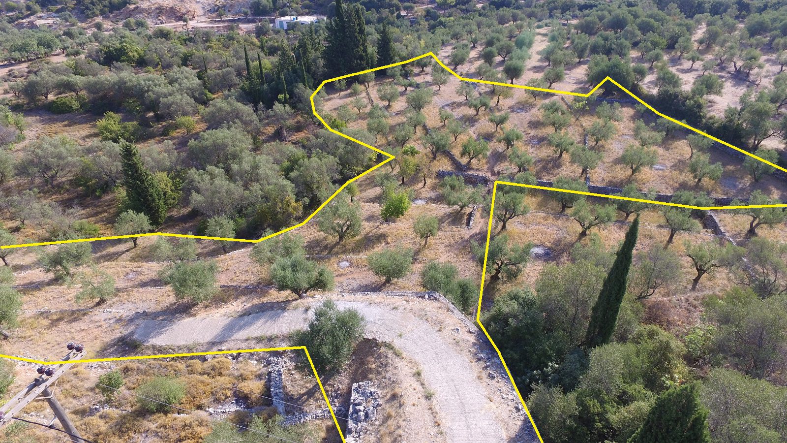 Aerial view with border of land for sale Ithaca Greece in Vathi