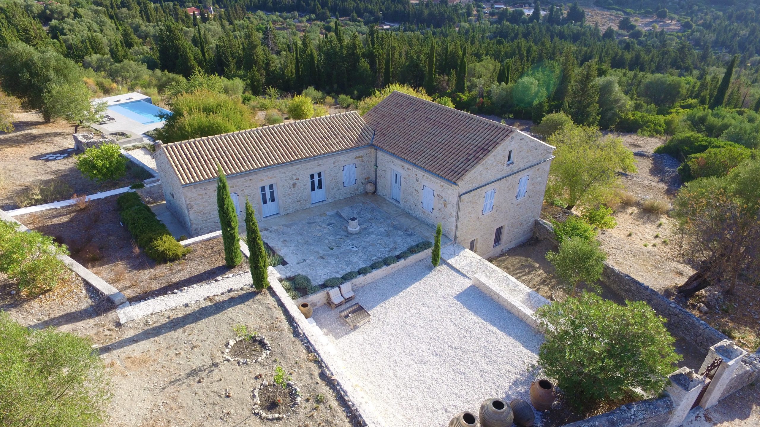 Aerial view of stone built Villa Kalos for rent, Ithaca Greece Lahos