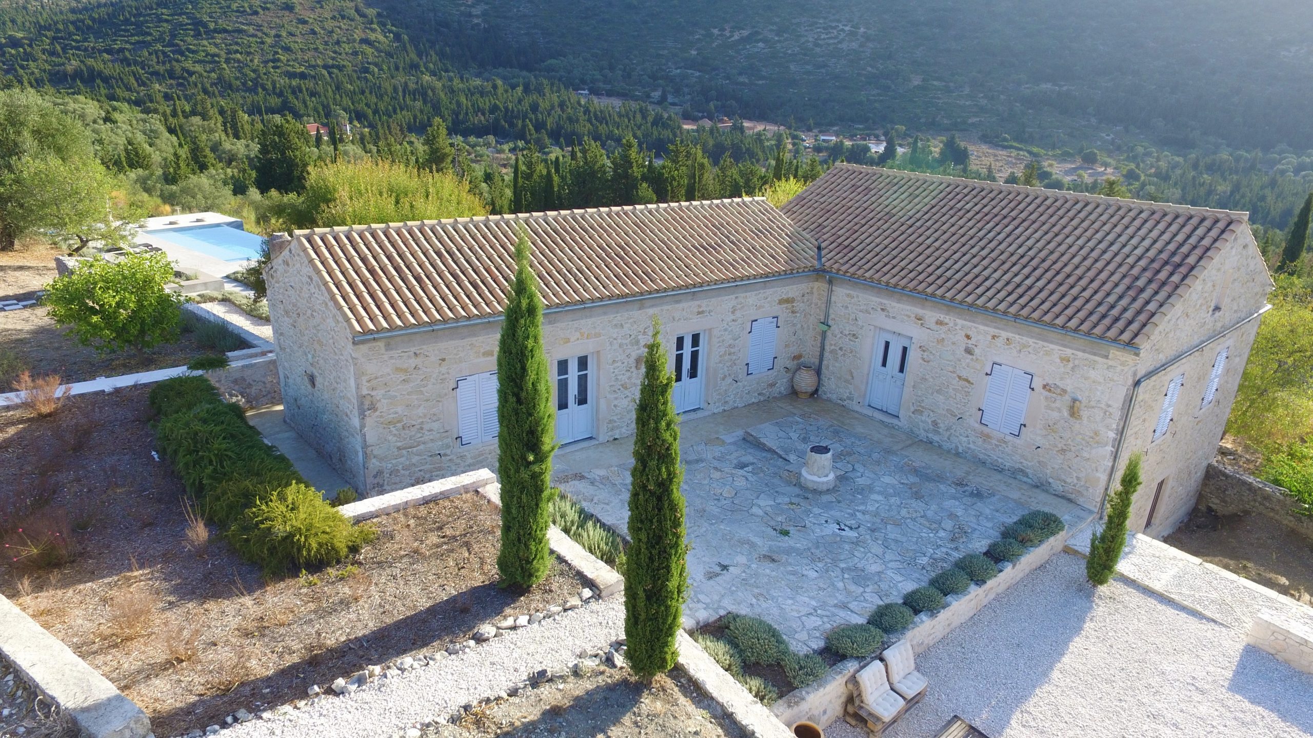 Aerial view of stone built Villa Kalos for rent, Ithaca Greece Lahos