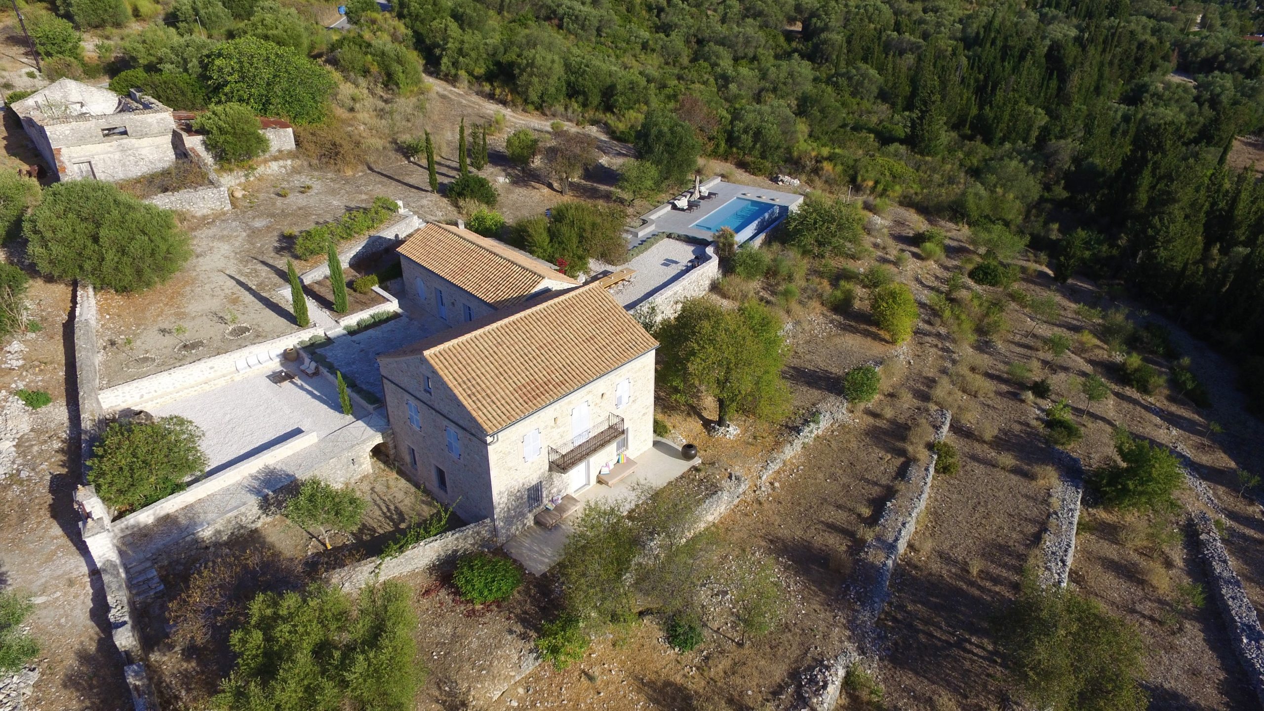 Aerial view of stone built Villa Kalos for rent, Ithaca Greece Lahos