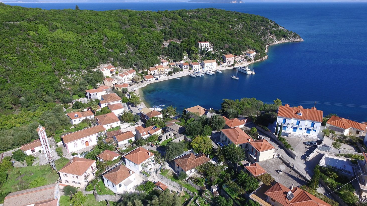 Aerial sea view of Kioni bay Ithaca Greece