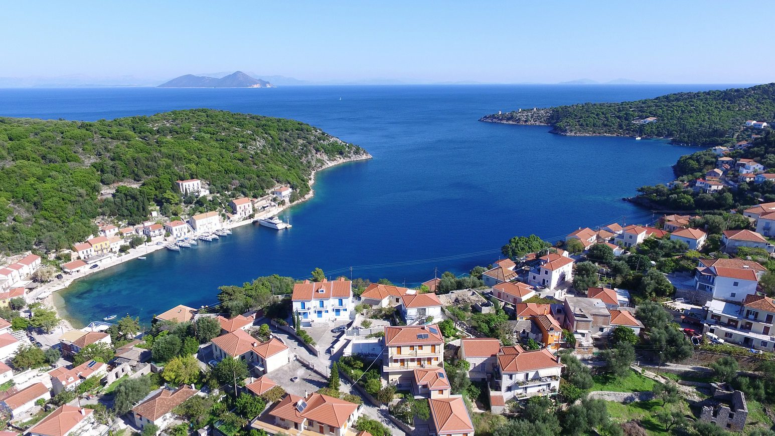 Aerial sea view of Kioni bay Ithaca Greece