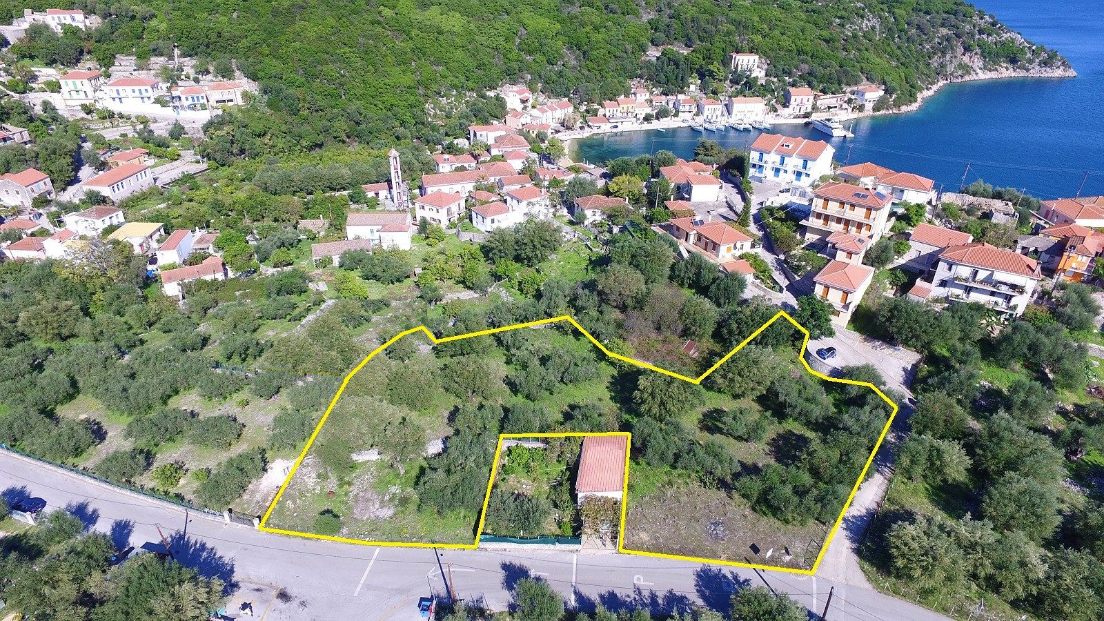 Aerial view and border of land for sale Ithaca Greece, Kioni