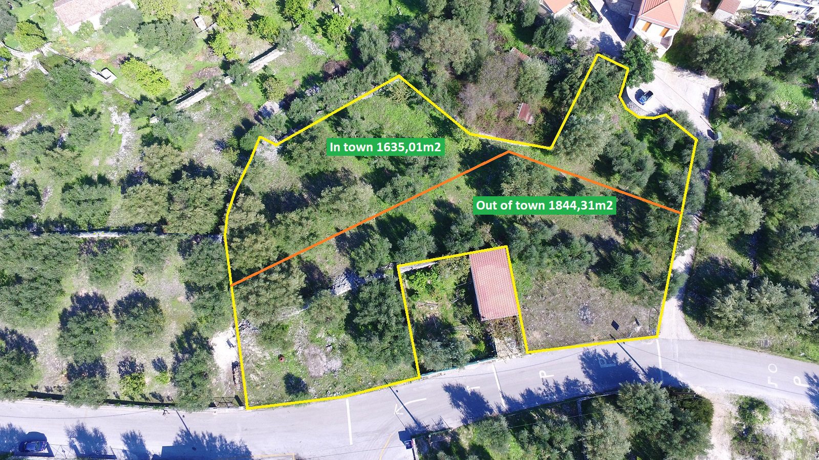 Aerial view and border of land for sale Ithaca Greece, Kioni