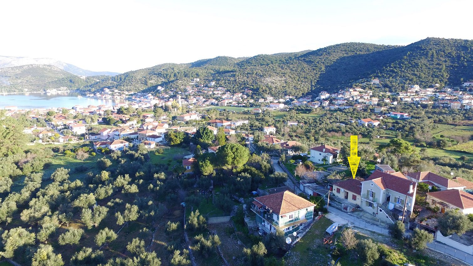 Aerial view of house for sale in Ithaca Greece, Vathi