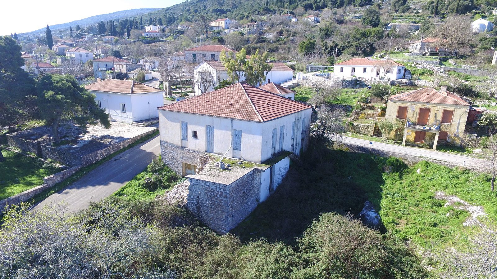 aerial view of the house for sale in Ithaca Greece Anogi