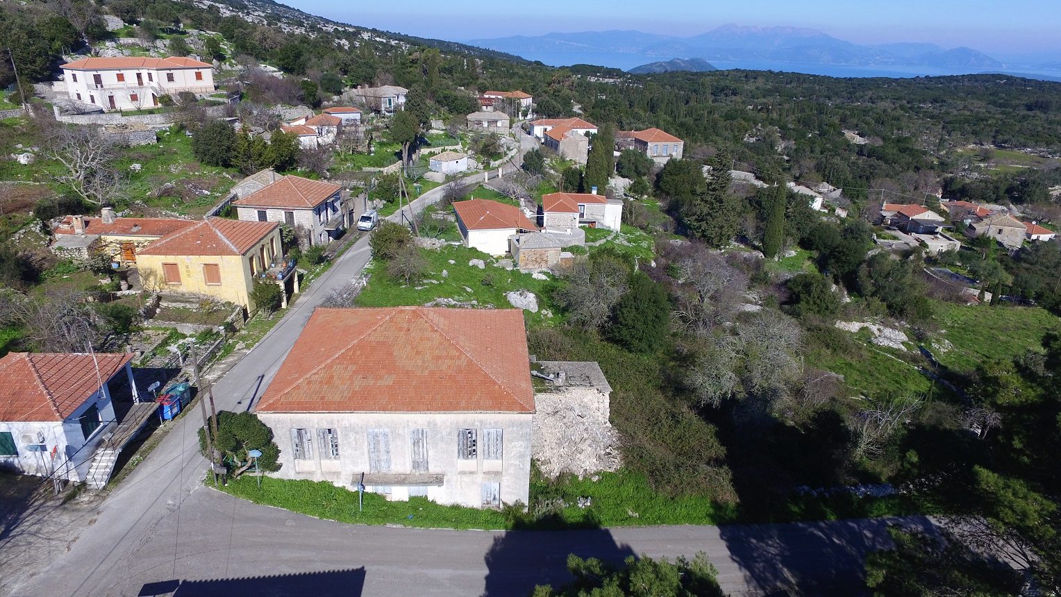 aerial view of the house for sale in Ithaca Greece Anogi