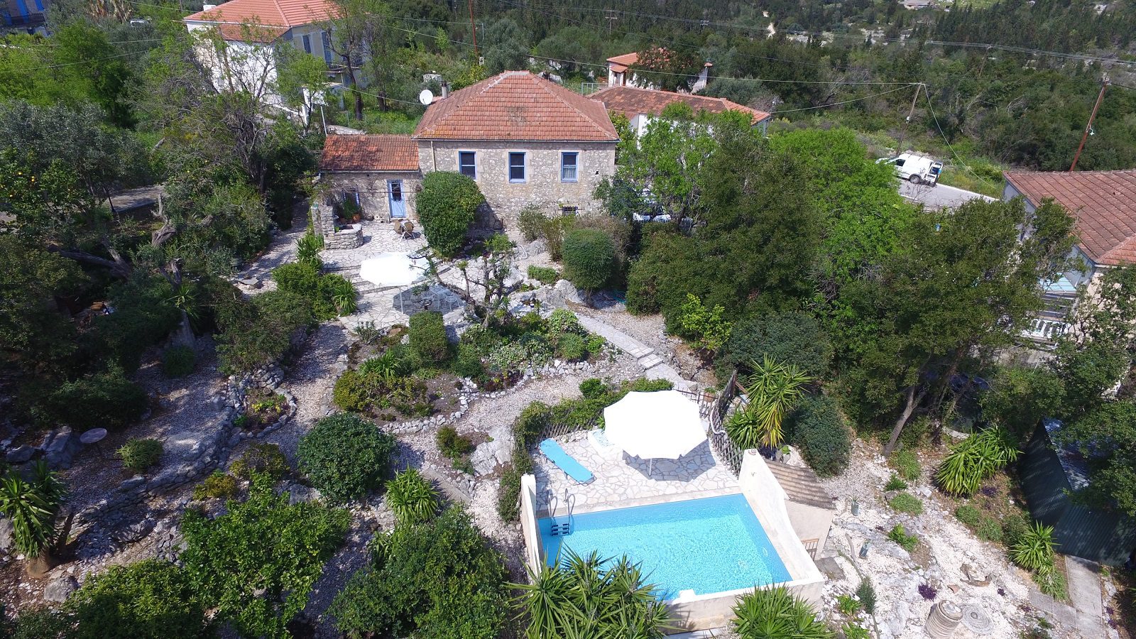 Aerial view of house for sale Ithaca Greece, Lahos