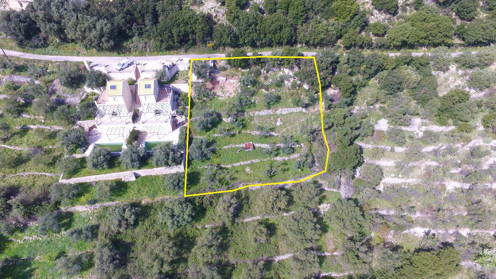 Aerial view of land with license for sale in Ithaca Greece, Perachori