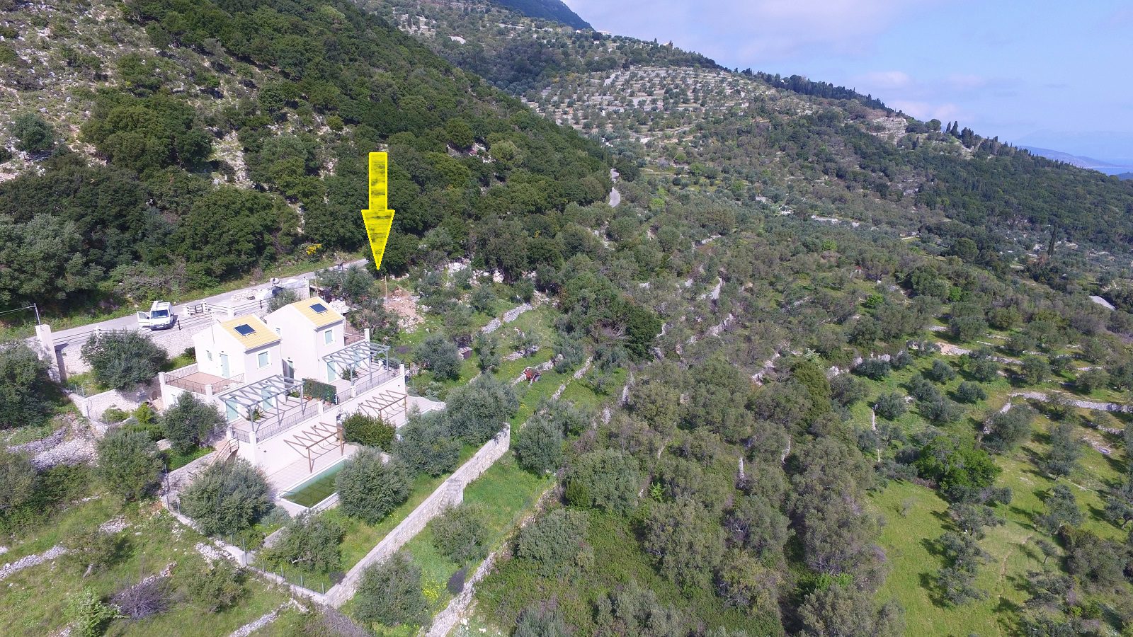 Aerial view of land with license for sale in Ithaca Greece, Perachori
