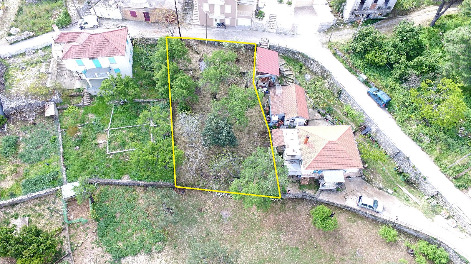 Aerial view and border of land for sale in Ithaca Greece, Perachori