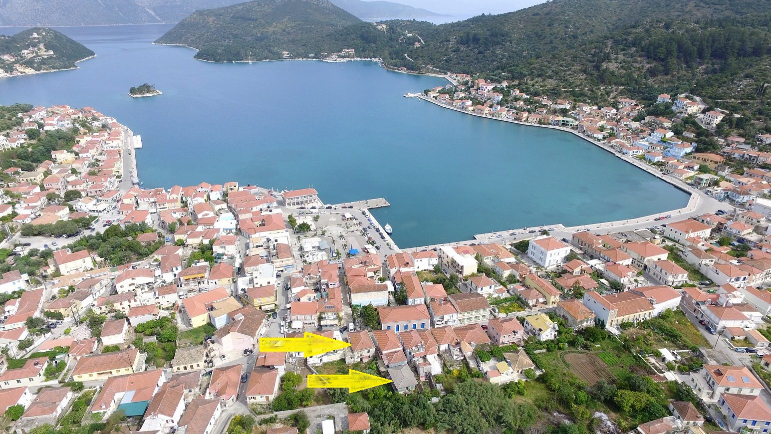 Aerial views and location of house for sale in Ithaca Greece, Vathi