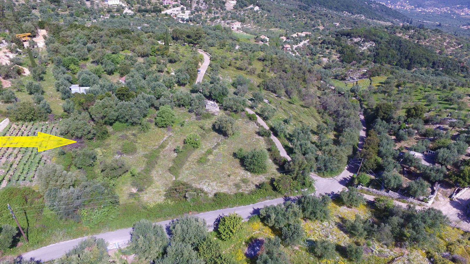 Aerial view and location of land with building license for sale in Ithaca Greece, Perachori